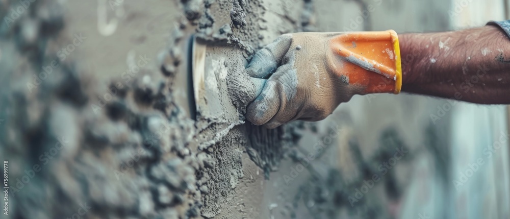 Wall mural plasterer using trowel to plaster a cement wall on construction site construction industry worker