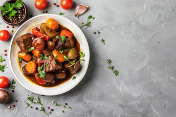 Photo of beef stew with vegetables on grey background top view with space for text - obrazy, fototapety, plakaty