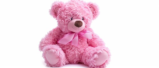Pink teddy bear with bow isolated on white with shadow Playful bear sitting on white Teddy bear plush with ribbon on white backdrop