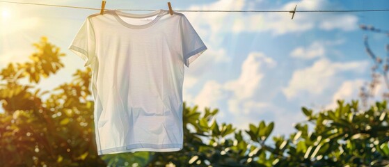 Plain white T shirt on sunny day with text graphic or space for customization