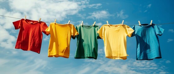 Primary colored t shirts hanging on a line against blue sky