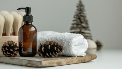 Fototapeta na wymiar Presenting seasonal skin care products with pine cones on white cotton towels sans product dispensers