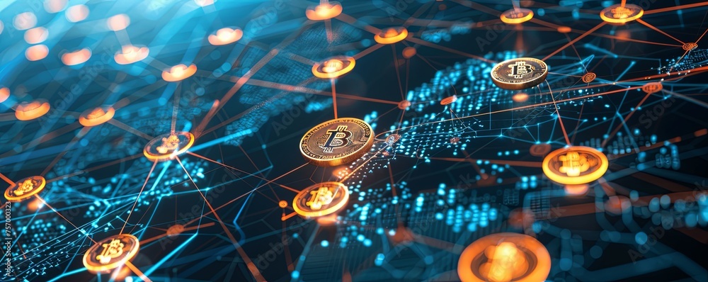 Poster bitcoin network connections and cryptocurrency concept floating bitcoin coins connected by a dynamic