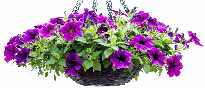 Purple Petunias in hanging basket on white background