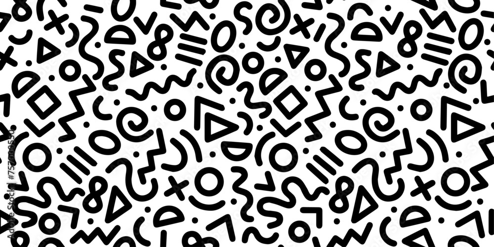 Aufkleber Black and white Memphis made from various shapes creating a pattern. Background of squiggles and different shapes.