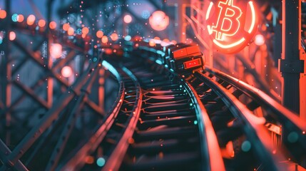 Neon Bitcoin Symbol on Rollercoaster at Night The glowing neon Bitcoin sign illuminates a rollercoaster ride at night, metaphorically representing the highs and lows of cryptocurrency trading.

