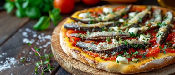 Savory Roman pinsa with anchovies capers mozzarella tomato Italian cuisine - obrazy, fototapety, plakaty