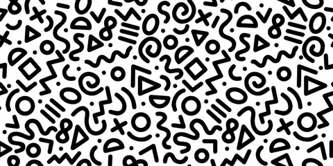 Black and white Memphis made from various shapes creating a pattern. Background of squiggles and different shapes.