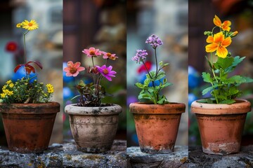 Set of four images showing a potted flower