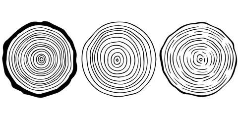 Tree rings in different designs. Vector tree rings black and white.