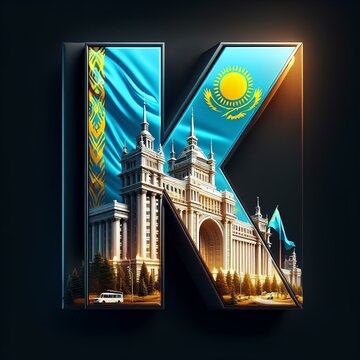 K alphabet Kazakhstan flag in 3d with popular building black background 
