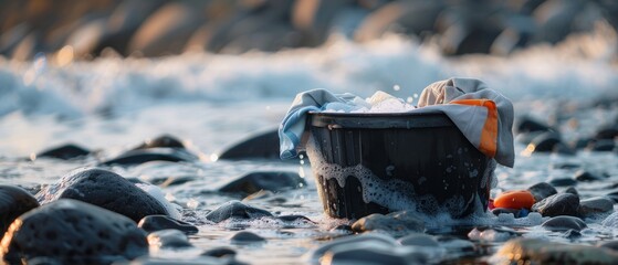 Soapy water with suds soaks dirty laundry in a black bucket on wet rocks - obrazy, fototapety, plakaty