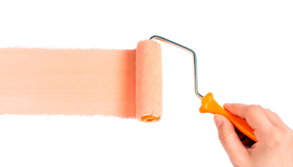A hand draws a straight line with a roller brush with peach paint on a neutral and Isolated white background. Banner design concept. copy space. Foam Roller PNG, Brush for Painting.
