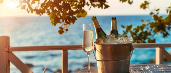 Sparkling wine ice bucket glasses balcony by the sea resort - Powered by Adobe