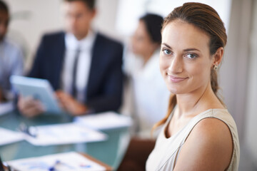 Meeting, portrait and businesswoman in office with smile, confidence and opportunity at b2b workshop with stats. Teamwork, collaboration and happy face of woman in conference room for business plan