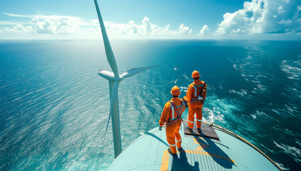 Wind Energy Technicians on Turbine Overlooking the Ocean
