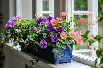 Spring planter of flowers and leaves by window