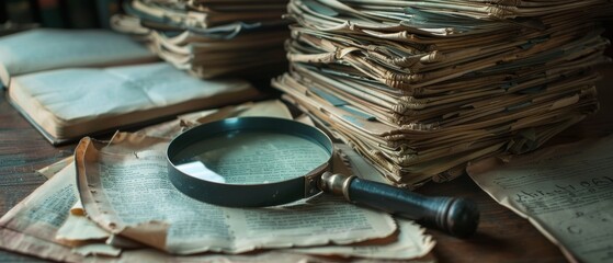 Stack of files and magnifying glass