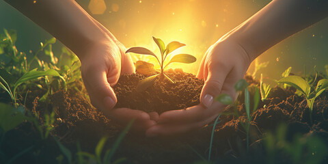 Fototapeta premium In the hands of a human is the earth, from which a green young seedling is sprouting. Environment Earth Day. Earth Day. Concept of forest conservation, environment. Ecology