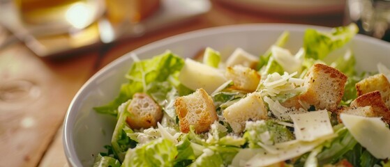 Tasty caesar salad with cheese croutons and dressing - obrazy, fototapety, plakaty