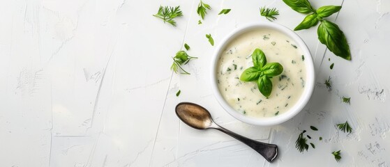 Tasty tartar sauce and spoon on white background from above - obrazy, fototapety, plakaty