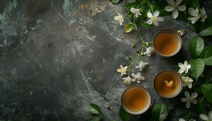 Teacups and jasmine flowers on a dark concrete backdrop