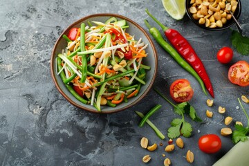 Thai street food Delicious vegan Som Tam with green papaya green beans tomatoes peanuts