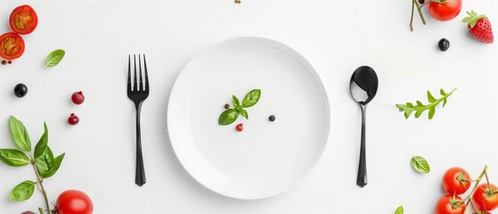 Top view of balanced food on white background with cutlery near plate and diverse products - Powered by Adobe