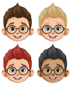 Four cartoon boys with different hairstyles and expressions.