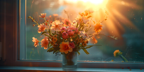 Flowers in a beautiful vase on the windowsill lighting in a morning  background and wallpaper