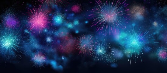 A spectacular display of colorful fireworks resembling astronomical objects such as nebulae and stars, with bursts of purple, electric blue, magenta, and gas patterns lighting up the night sky