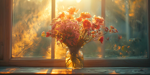  
Bouquet of flowers on the windowsill in the sunrays background and wallpaper View from a window with the light of dawn Roses in vase on old table with window lighting in a morning - obrazy, fototapety, plakaty