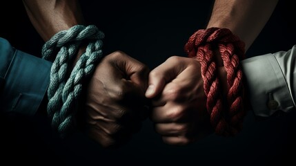 Diverse team rope strength and unity for partnership, cooperation, and empowerment
