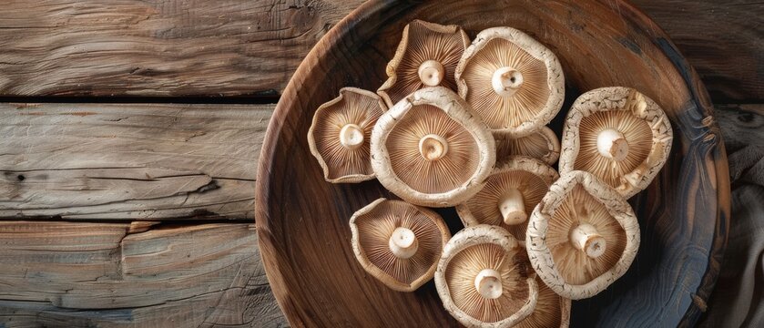 Top view of dried paddy straw mushrooms also known as straw mushrooms Volvariella volvacea or jamur merang on a wooden plate