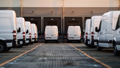 Two rows of commercial delivery vans belonging to a transport company