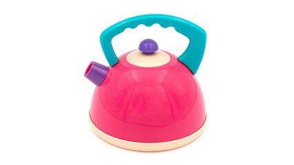 Children's toy - electric kettle isolated on white. Plastic toy teapot.