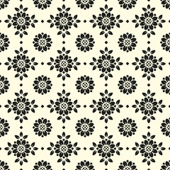 Vector seamless pattern. Tile in retro style with sunflowers. Stylized flower in square geometric pattern for wallpaper and textile