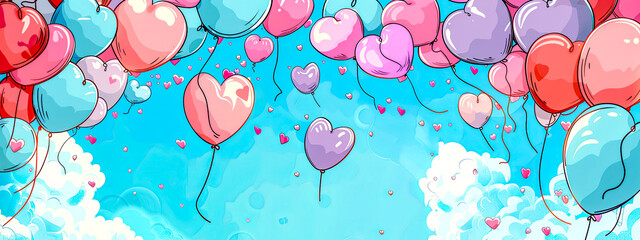 Colorful heart balloons in sky for celebrations