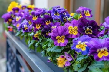 Vibrant purple violet and yellow heartsease pansies in long hanging flower pot on balcony fence high angle view of spring flowers