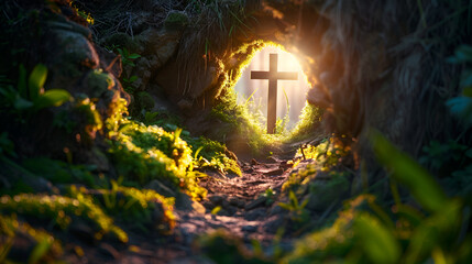 Resurrection Might Cross and Open Grave with Radiant Light, Christian Easter Symbolism, Religious Concept of Jesus Christ's Triumph Over Death, Spiritual Resurgence Illustration, Generative AI

