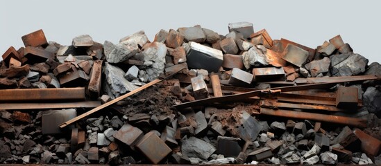 A collection of scrap metal and rocks laid out on a white background, potentially representing building materials for a historic site, house or city landscape