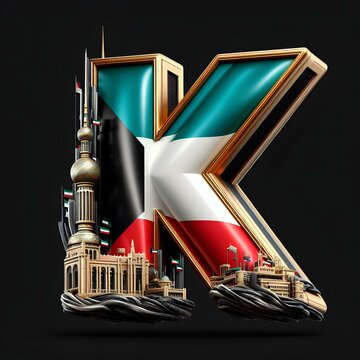 K Alphabet Kuwait country flag with famous building in 3d black background 