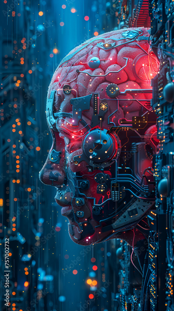 Wall mural Translucent brain abstraction of futuristic medicine showing chip implantation and connection with artificial intelligence. Against the background of the Internet and the global network. - Wall murals