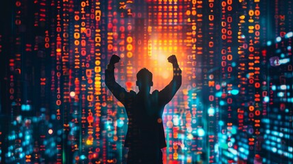 A person's silhouette with raised arms celebrates success against a vibrant backdrop of flowing digital data representing technology and information.
