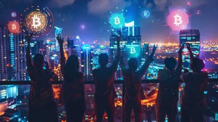 A lively group of people celebrate with raised hands against a cityscape, surrounded by floating Bitcoin symbols, highlighting excitement in cryptocurrency gains.