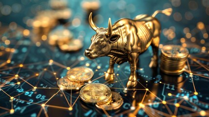 A golden bull sculpture is surrounded by Bitcoin coins on a digital network, signifying prosperity in cryptocurrency investment and blockchain technology.