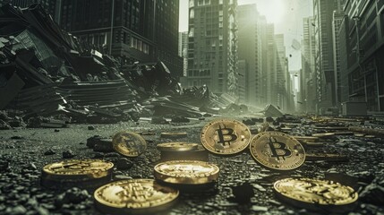 Bitcoin coins lie scattered on the streets of a desolate, post-apocalyptic city, painting a vivid picture of a dystopian world where digital currency remains amidst the ruins.