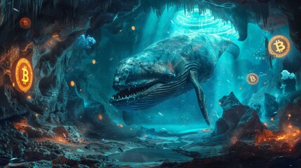 A monstrous leviathan looms in the heart of a mystic subterranean cavern, surrounded by glistening Bitcoin coins, blending myth with modern cryptocurrency lore.