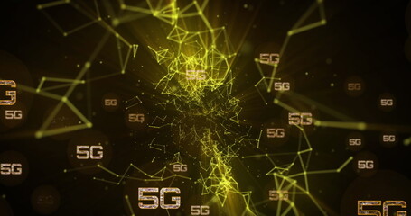 Image of network of connections with 5g text over shapes