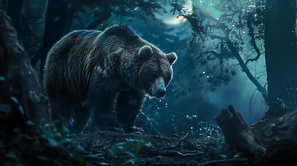 a 70mm film-style snapshot featuring a majestic bear in a moonlit woodland, surrounded by ancient trees and a hint of fog in the air